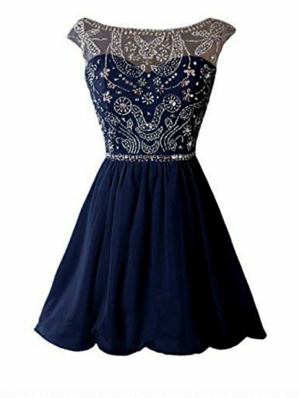 Navy Embellished Mesh Yoke Party Dress
